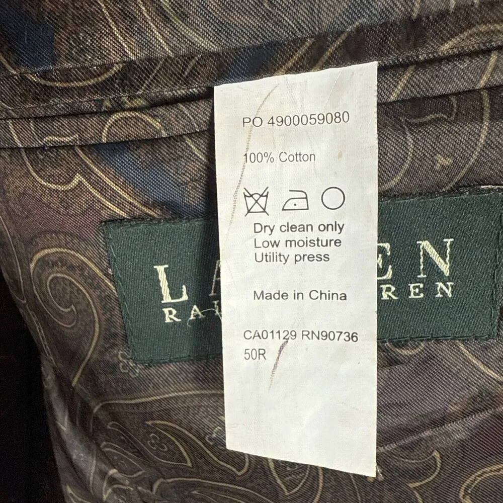 Lauren Ralph Lauren Mens Corduroy Blazer Jacket Brown 50R‎ Fine Wale 2 Button